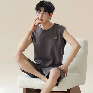 睡衣男款 套装 夏季 背心运动短裤 冰丝宽松简约薄款 夏天莫代尔男士