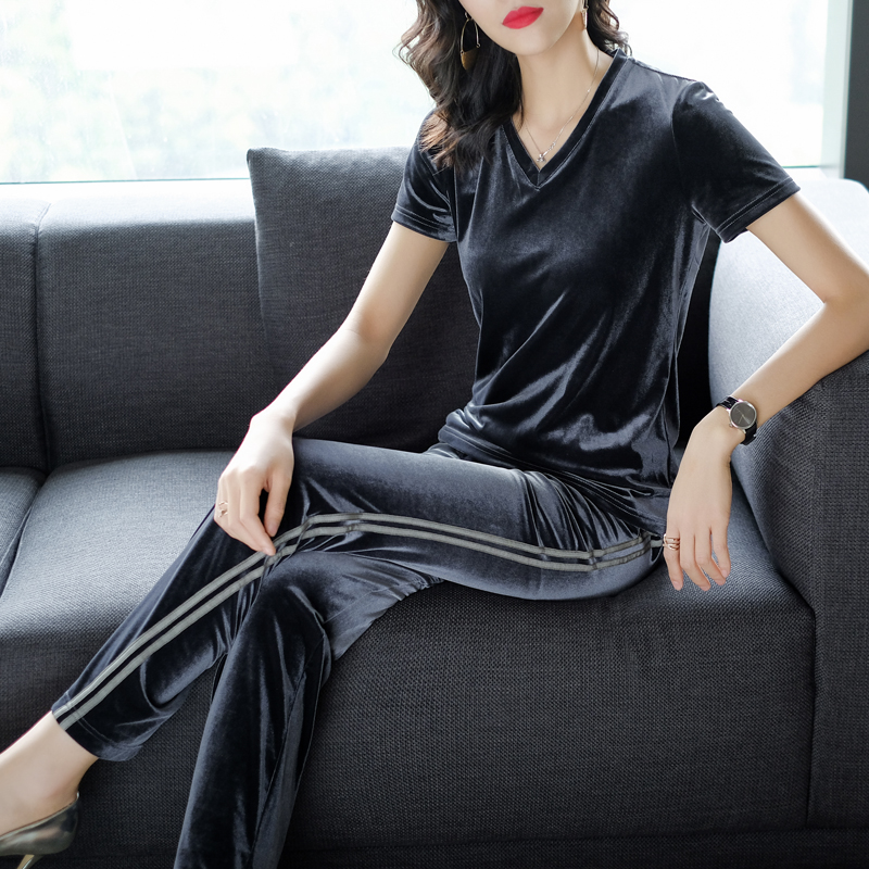 言家名媛阔腿裤丝绒套装短袖女夏2018新款欧洲站金丝绒运动两件套