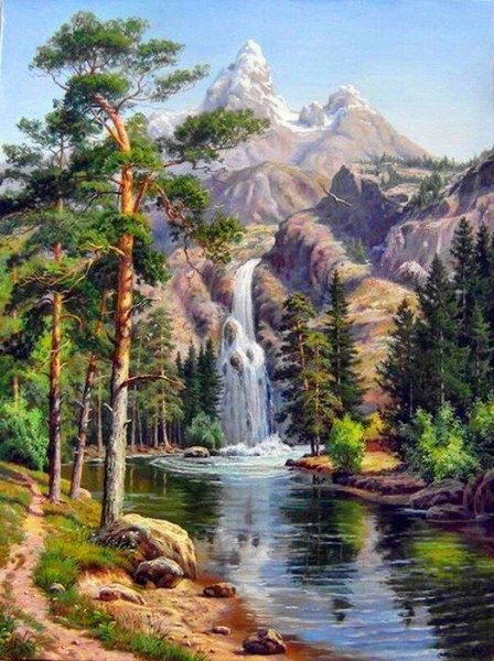 新款大画高山流水瀑布精准印花