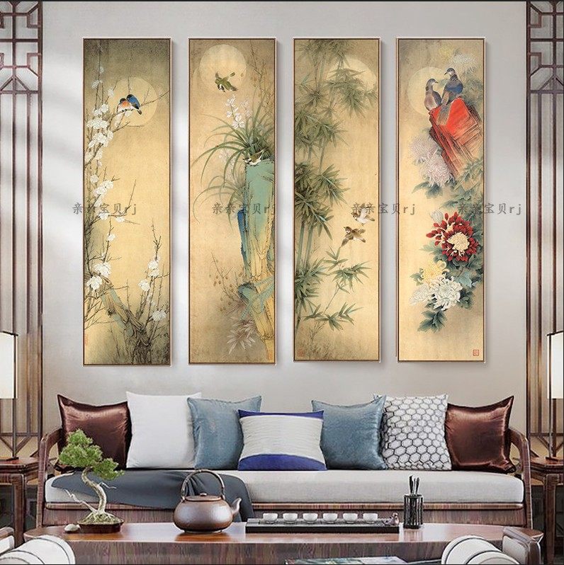 新款印花正品DMC十字绣套件 客厅玄关大幅竖版四联工笔画梅兰竹菊