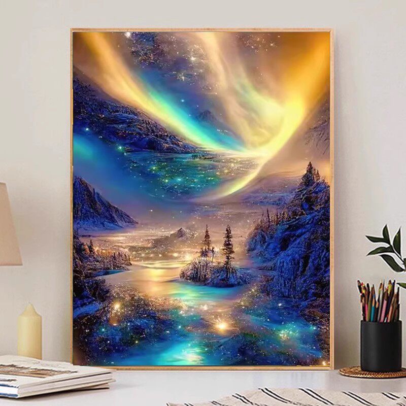 新款正品DMC十字绣纯棉线绣客厅卧室餐厅玄关竖版风景画星空极光