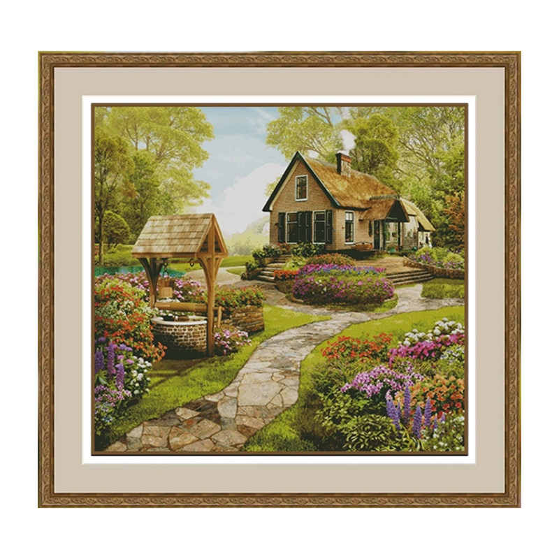 新款印花正品DMC十字绣纯棉线绣客厅卧室玄关田园风景画乡村小屋