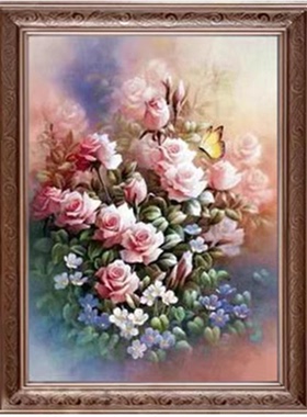 正品DMC十字绣手工线绣 客厅卧室玄关欧式轻奢花卉黄色蝴蝶与玫瑰