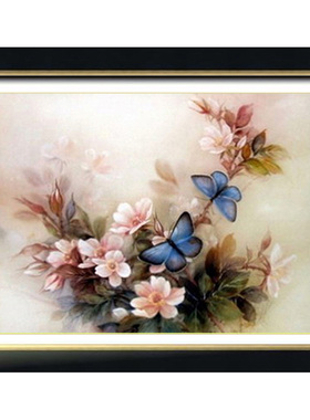 印花正品DMC十字绣客厅卧室餐厅简约现代花卉油画 蓝色蝴蝶与花