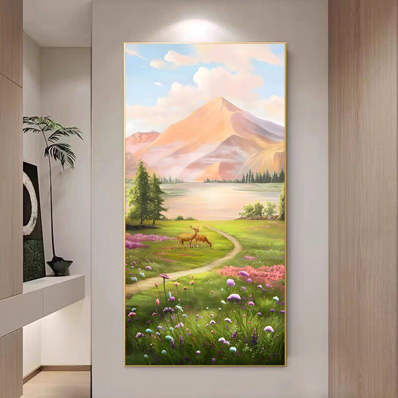 新款正品DMC十字绣纯棉线绣客厅玄关竖版现代风景画金山麋鹿花卉