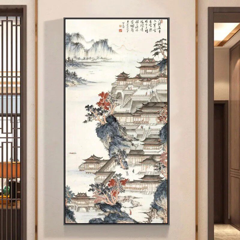 新款印花正品DMC十字绣客厅玄关过道走廊竖版新中式风景画汉苑图