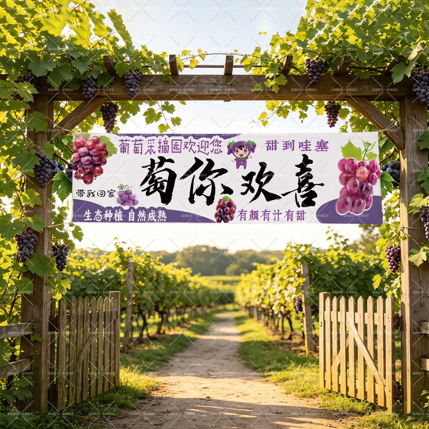 夏日葡萄园亲子采摘广告布定制