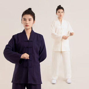 武当春秋季薄款传统对襟道家三宝领道袍男道士服装女正一道服亚麻