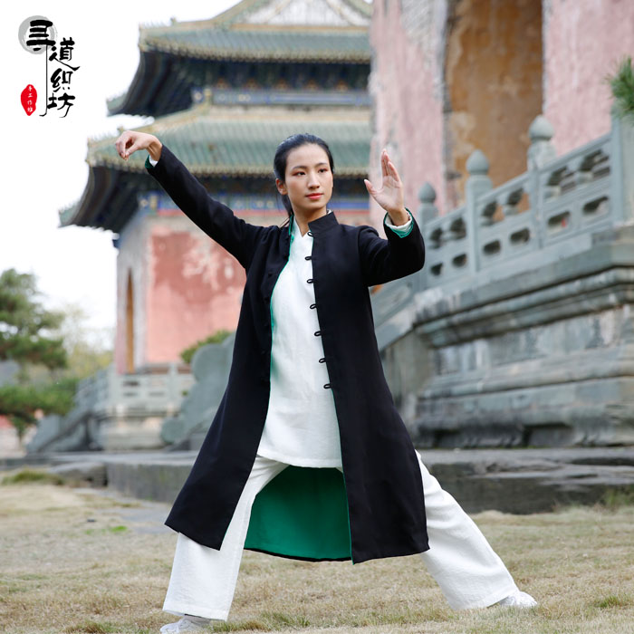 太极服女双面穿亚麻练功服女外套长款风衣民族装中式立领春秋新款