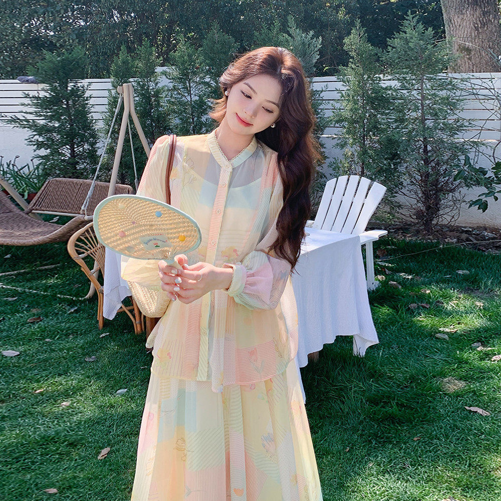 多巴胺超好看雪纺印花网纱防晒衫套装女夏季新款甜美半身裙两件套