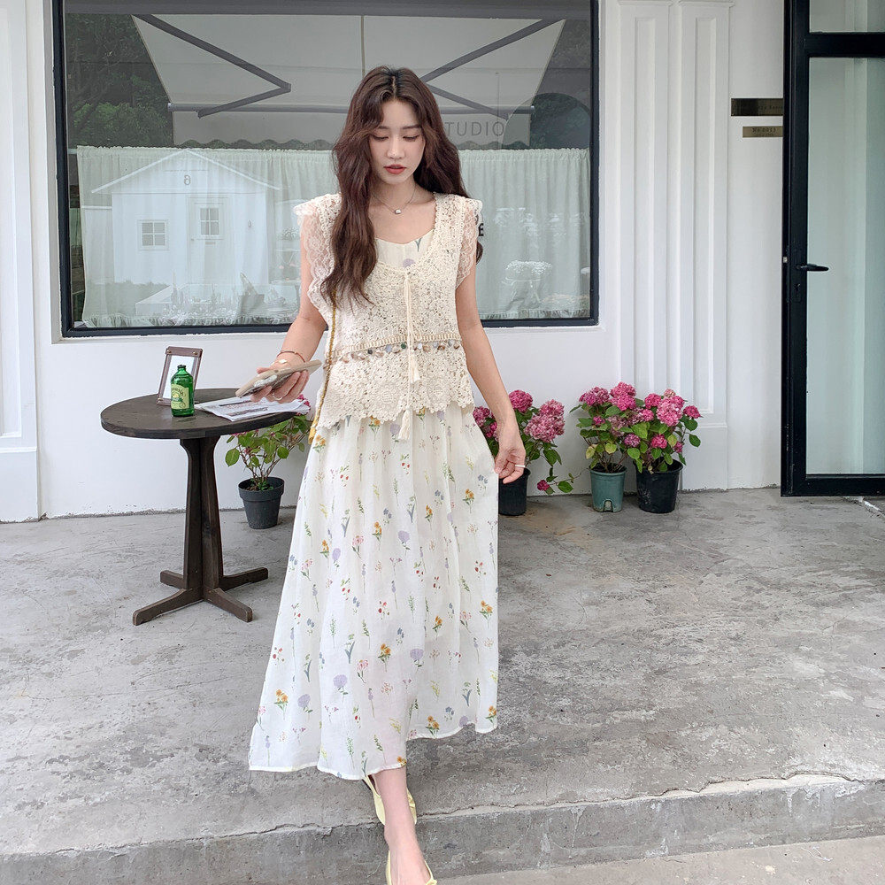 森系甜美勾花罩衫印花连衣裙套装女2026夏季新款沙滩度假风两件套