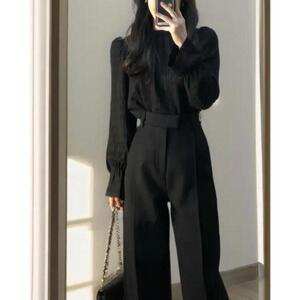 酷飒拽姐黑色高级感套装女长袖衬衫上衣高腰阔腿西装裤韩版两件套
