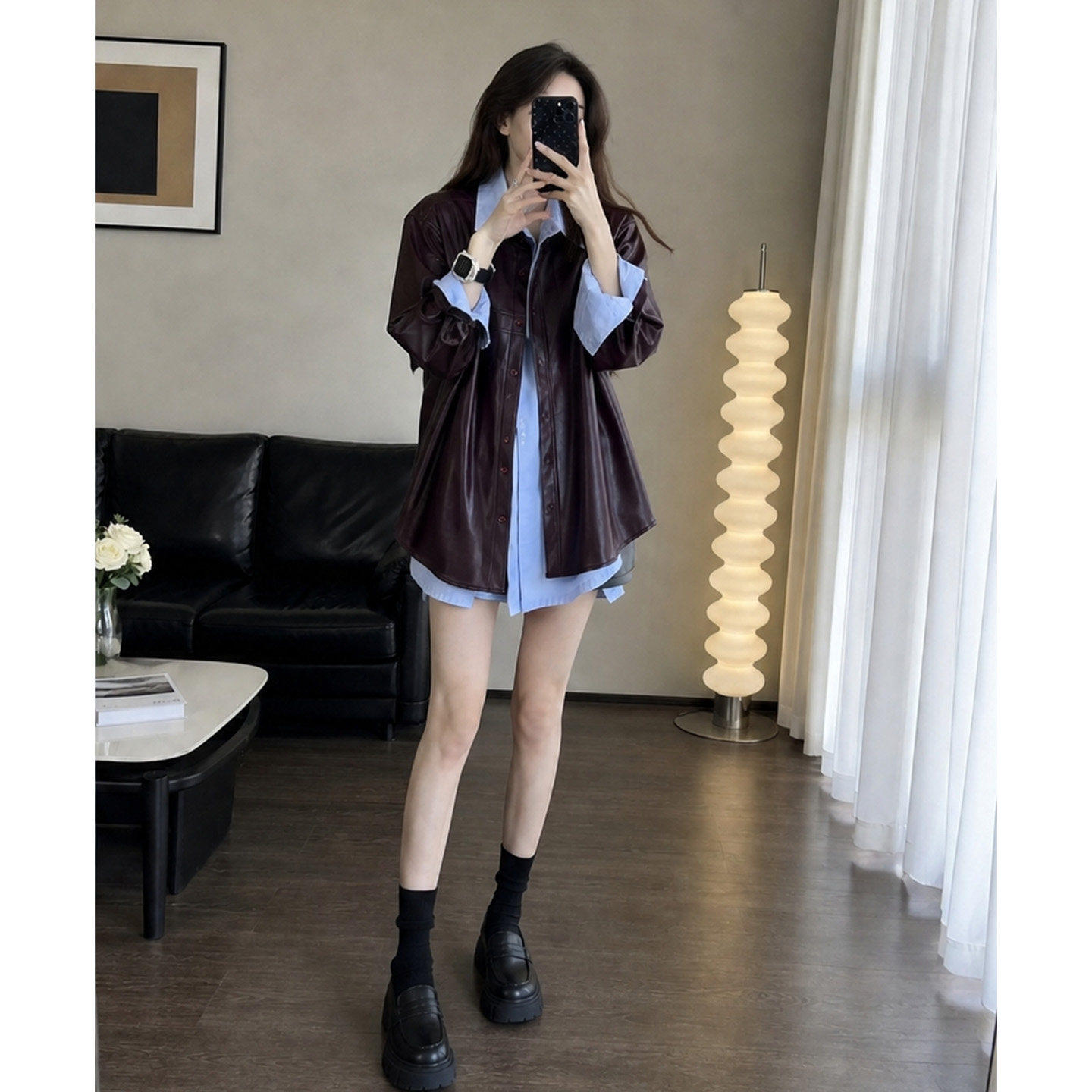【送运费险】蓝色衬衫皮衣外套