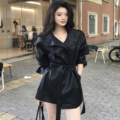 韩版 立领皮夹克风衣pu皮外套女潮 新款 黑色中长款 皮衣女2026年春季