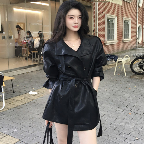 【送运费险】黑色中长款皮衣女