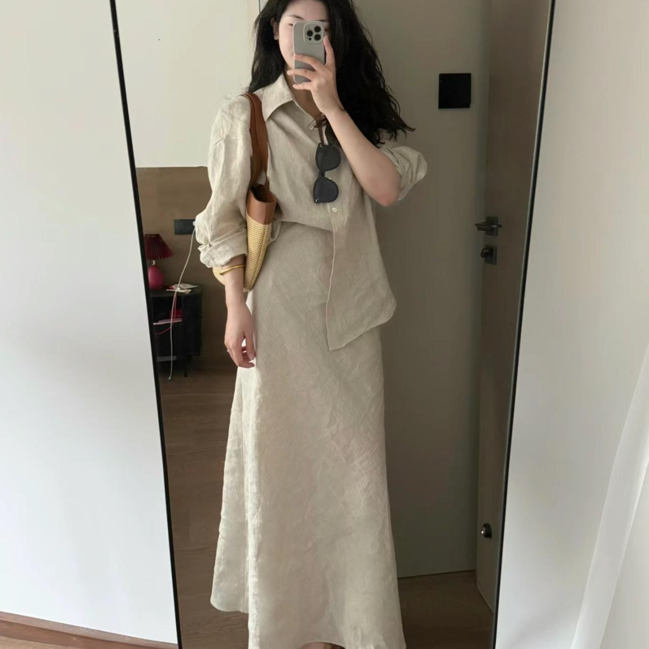 休闲气质套装女简约翻领宽松长袖衬衫春季高腰半身裙长裙两件套女