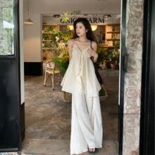 法式性感不规则吊带背心夏季木耳边上衣拖地感阔腿裙裤两件套装女