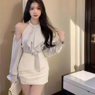 小洋装名媛高端套装裙辣妹性感露肩挂脖衬衫包臀半身裙秋季两件套
