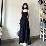 黑色两件套女夏季抹胸吊带上衣休闲阔腿裤高腰显瘦时尚穿搭一整套