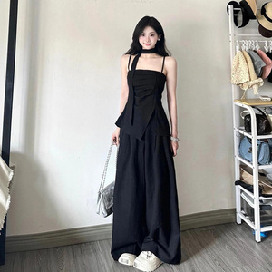 黑色两件套女夏季抹胸吊带上衣休闲阔腿裤高腰显瘦时尚穿搭一整套