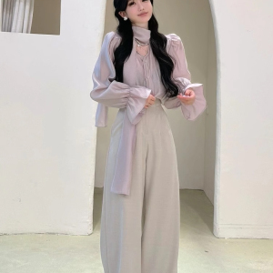 春季超好看绝美套装女温柔风飘带显瘦v领衬衫高腰阔腿裤两件套女