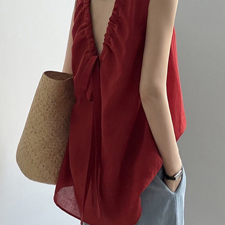 法式蝴蝶结绑带露背红色背心女宽松外穿夏季新款百搭无袖衬衫上衣