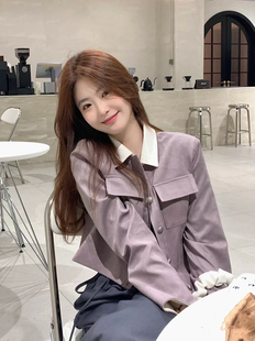 法式撞色POLO领西装紫色外套女2026春季宽松短款小香风甜美上衣女