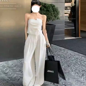 法式性感辣妹不规则裹胸上衣女春季新款高腰阔腿西裤子两件套装女
