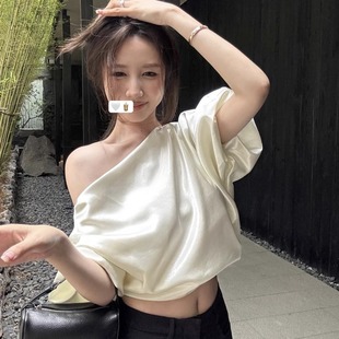 韩版斜肩气质衬衫上衣女夏季设计感小众百搭慵懒风宽松短袖T恤女