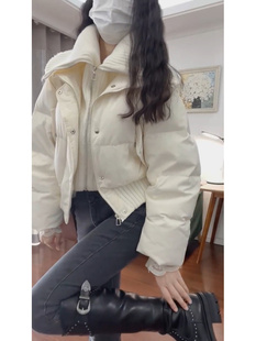 白色高腰短款棉服女2026年新款大翻领高级感宽松保暖冬装外套女潮