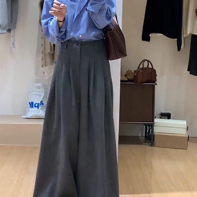 蓝色条纹polo领长袖衬衫女春季新款通勤气质高腰阔腿裤两件套装女