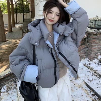 甜美风双面穿撞色连帽棉服短外套