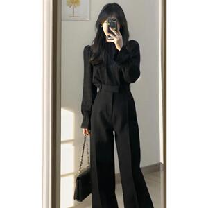 早秋穿搭套装女酷飒拽姐黑色衬衫高腰西装裤韩版温柔风两件套女装