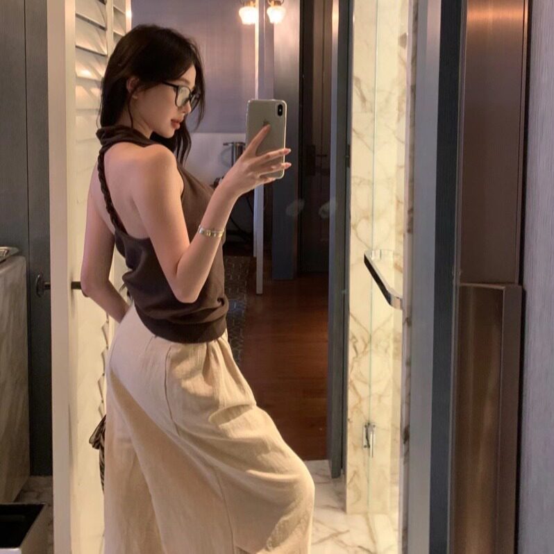 法式辣妹气质挂脖小吊带背心女夏外穿露背无袖上衣休闲裤两件套装