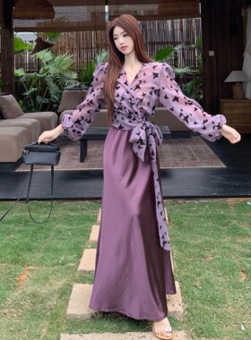 法式气质套装裙女蝴蝶绑带长袖衬衫春季半身裙包臀裙紫色两件套女