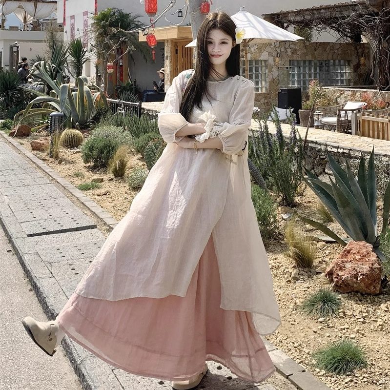 甜美温柔风套装裙女春季长袖宽松连衣裙内搭半身裙度假风两件套女