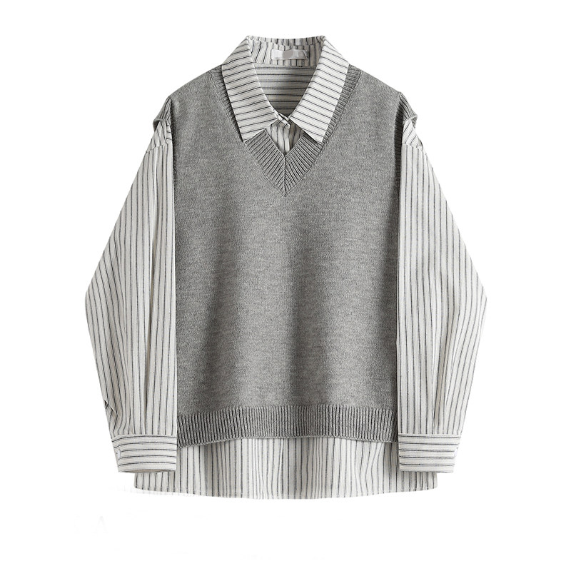 学院风长袖条纹衬衫女套装春季新款针织V领毛衣背心马甲两件套女