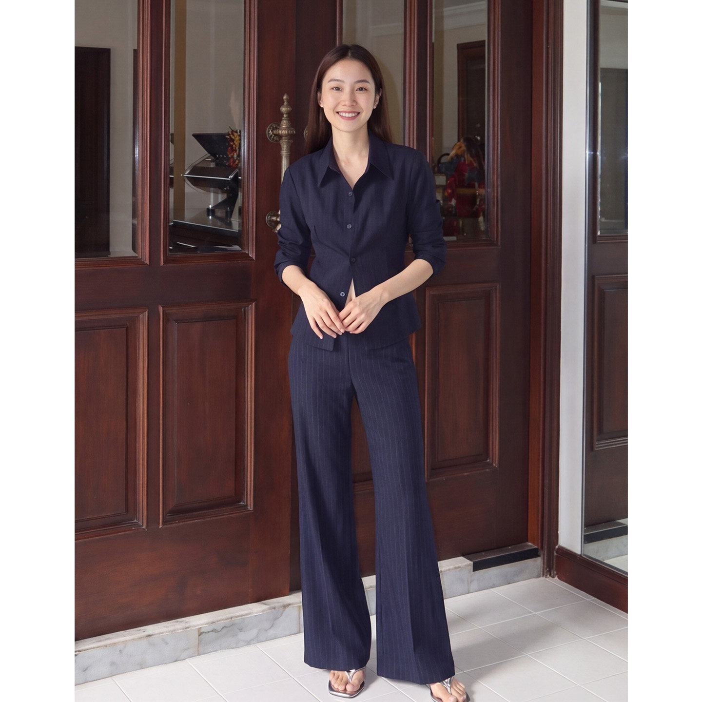 【送运费险】高级深蓝条纹微喇裤
