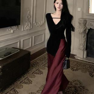 复古纯欲风高冷御姐套装裙长袖不规则T恤上衣春季半身裙两件套女