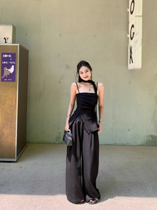 高级感黑色性感设计感吊带上衣女装夏季宽松阔腿裤气质两件套装女