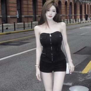黑色抹胸套装裤女春季新款一字领裹胸上衣性感辣妹短裤气质两件套