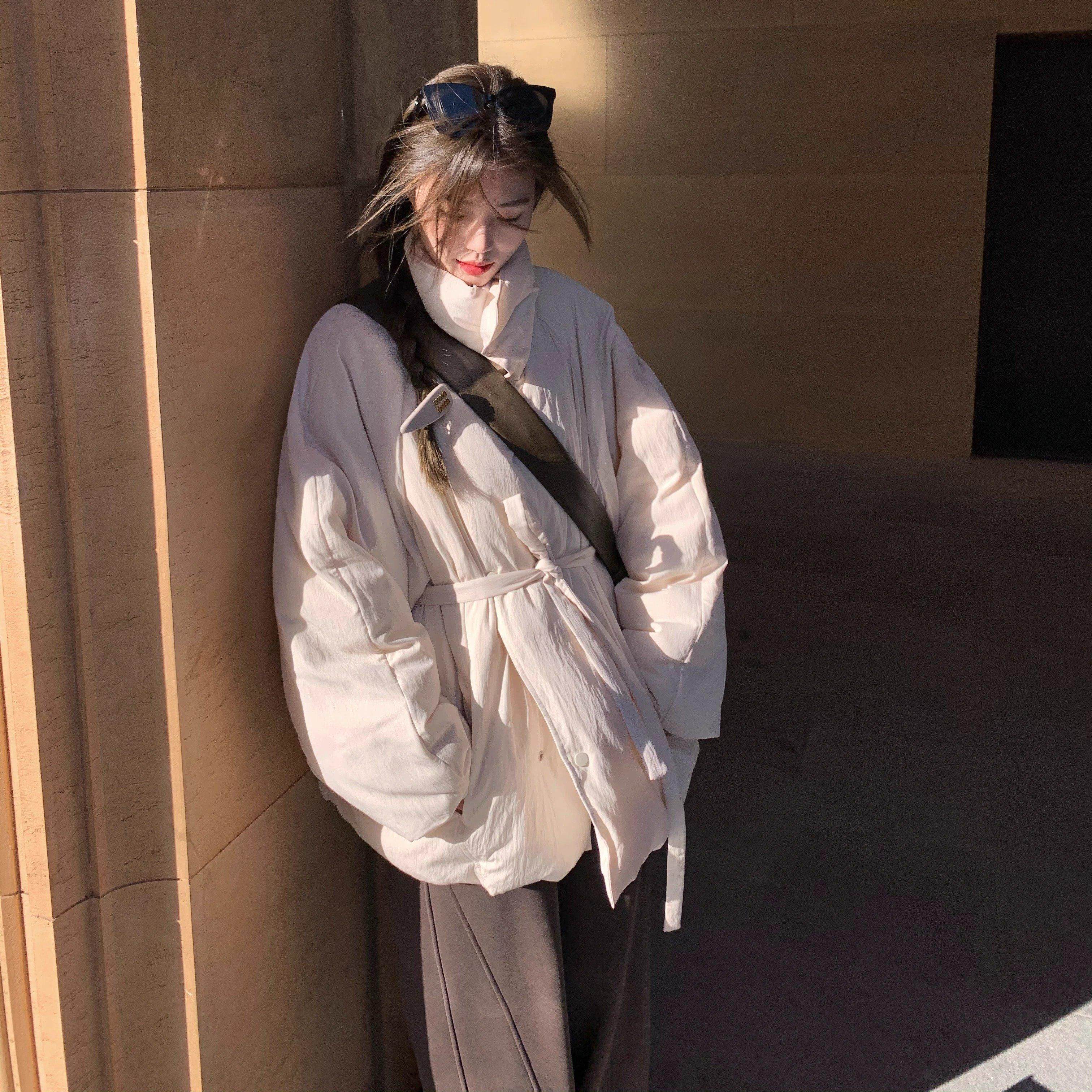 韩系绑带短款棉服女加厚保暖外套