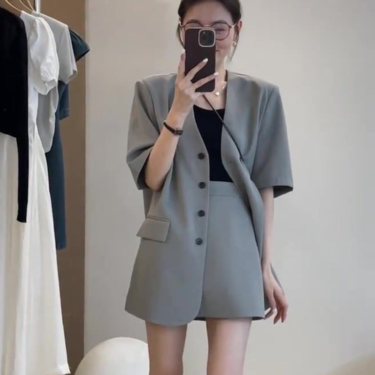 韩系薄款短袖西装套装女夏季新款气质V领西装外套半身裙两件套女