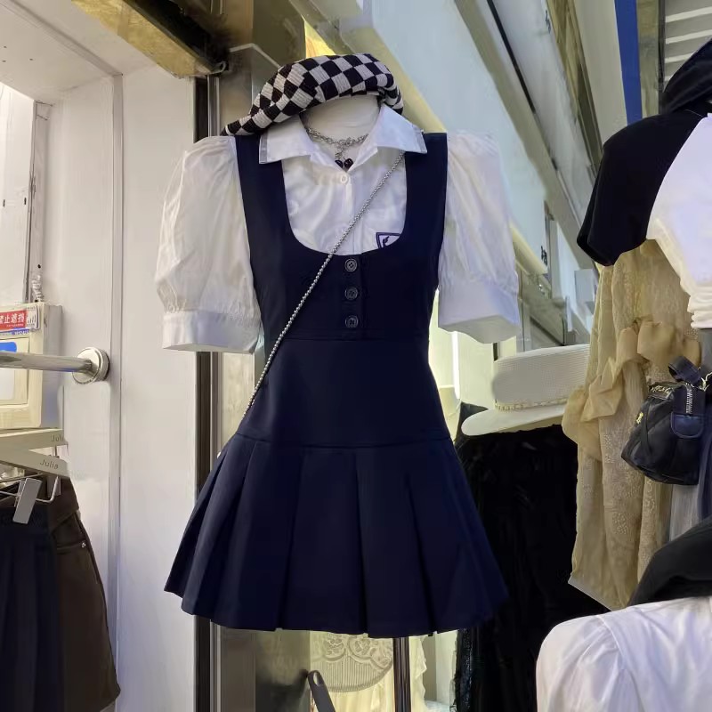 美式学院风连衣裙女2025新款夏季小个子甜辣妹背带裙衬衫两件套装