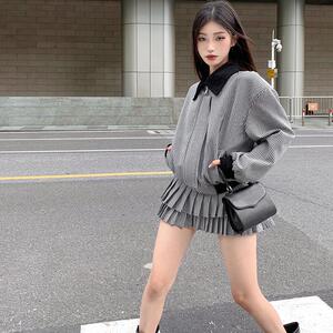 美式复古黑白格子短外套女春季气质套装百褶蛋糕短裙半身裙两件套