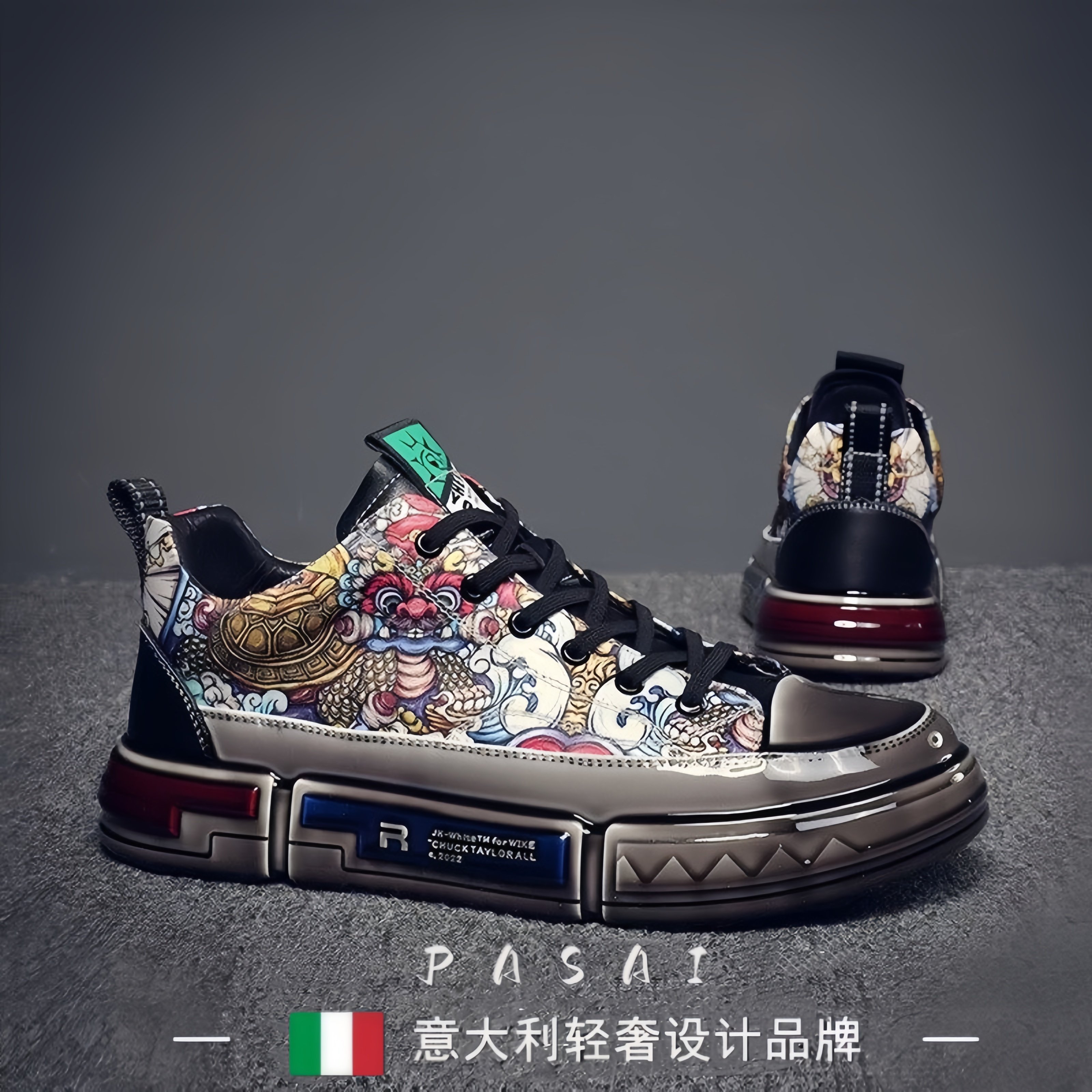 PA轻奢定制意大利2026透气春运动休闲板鞋真皮百搭涂鸦男鞋设计款,流行男鞋,休闲板鞋,淘宝优惠券,粉丝福利购,淘宝优惠卷