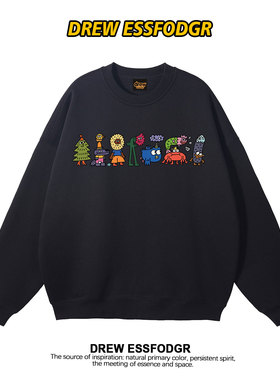 drew美式复古潮牌涂鸦卡通圆领卫衣男女情侣休闲宽松秋冬上衣外套
