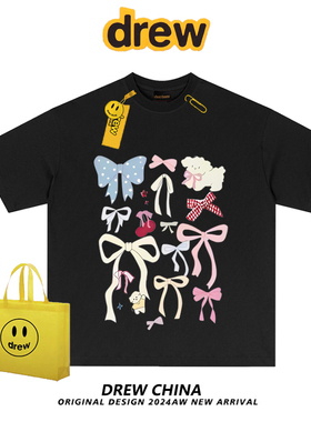 drew美式潮牌蝴蝶结卡通印花短袖t恤男女休闲宽松纯棉情侣半袖ins