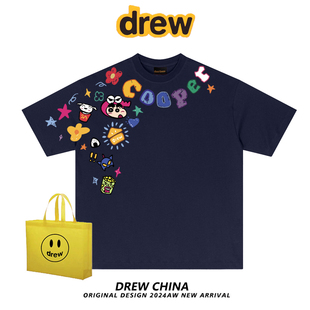 drew美式潮牌蜡笔小新卡通涂鸦短袖t恤男女小众设计感宽松上衣ins