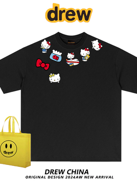drew美式潮牌kitty猫涂鸦卡通印花短袖t恤男女休闲宽松情侣半袖夏